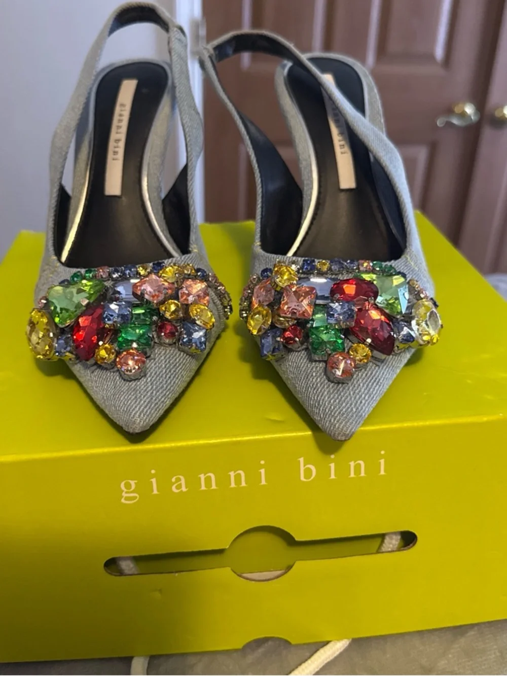 Gianni Bini Light Gray Denim Slingback Pumps with Multicolor Gem Accents - Picture 3 of 6